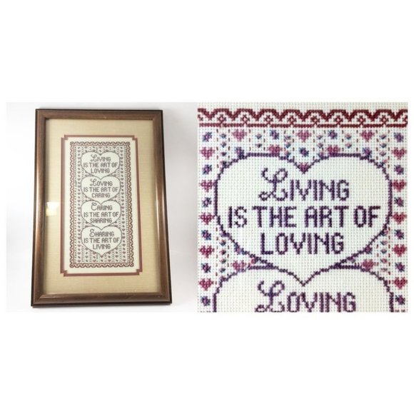 Completed Cross Stitch Living Loving Caring Sharing Brown Tan Framed - Picture 1 of 10